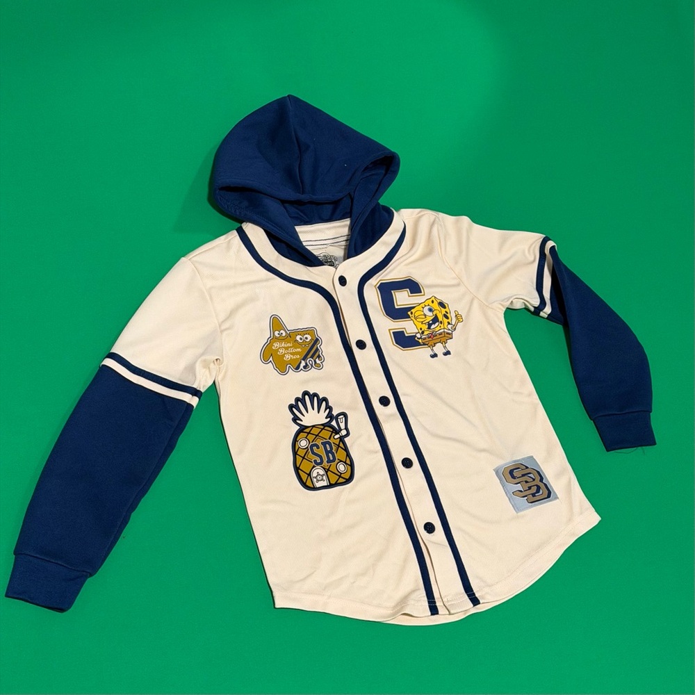 Kids Cream and Blue Hooded Shirt SIZE 10/12